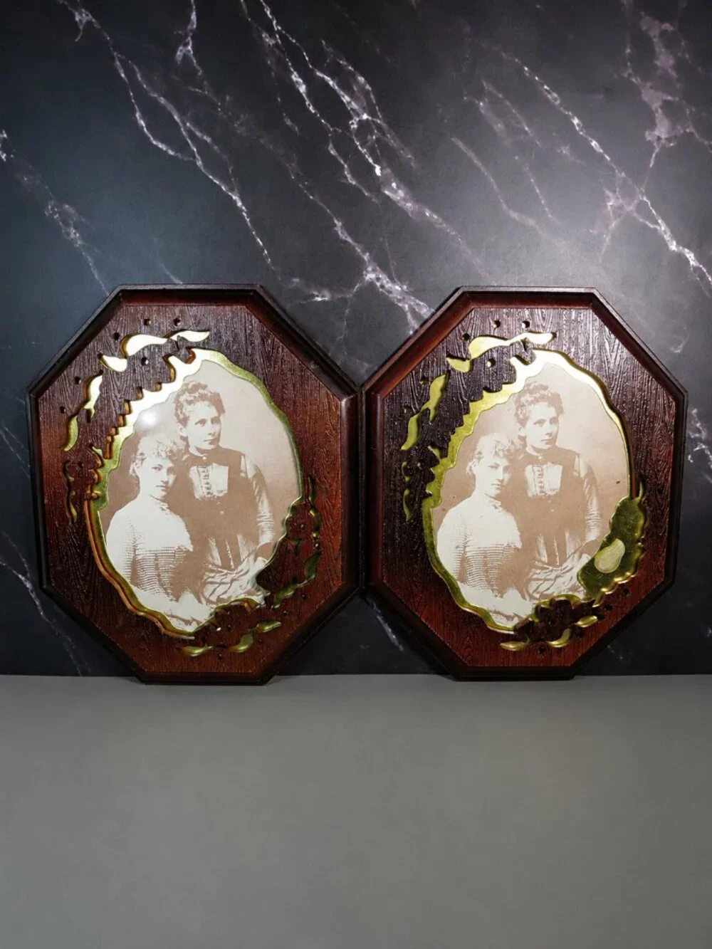 Vintage Octagonal Wood Picture Frames Gold Floral Accent Set of 2